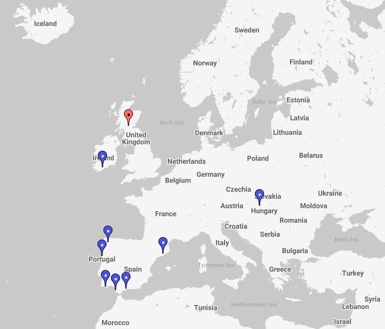 Map of Europe with markers for the institutions sending researchers to the Institute of Aquaculture in AQUAEXCEL 1.0
