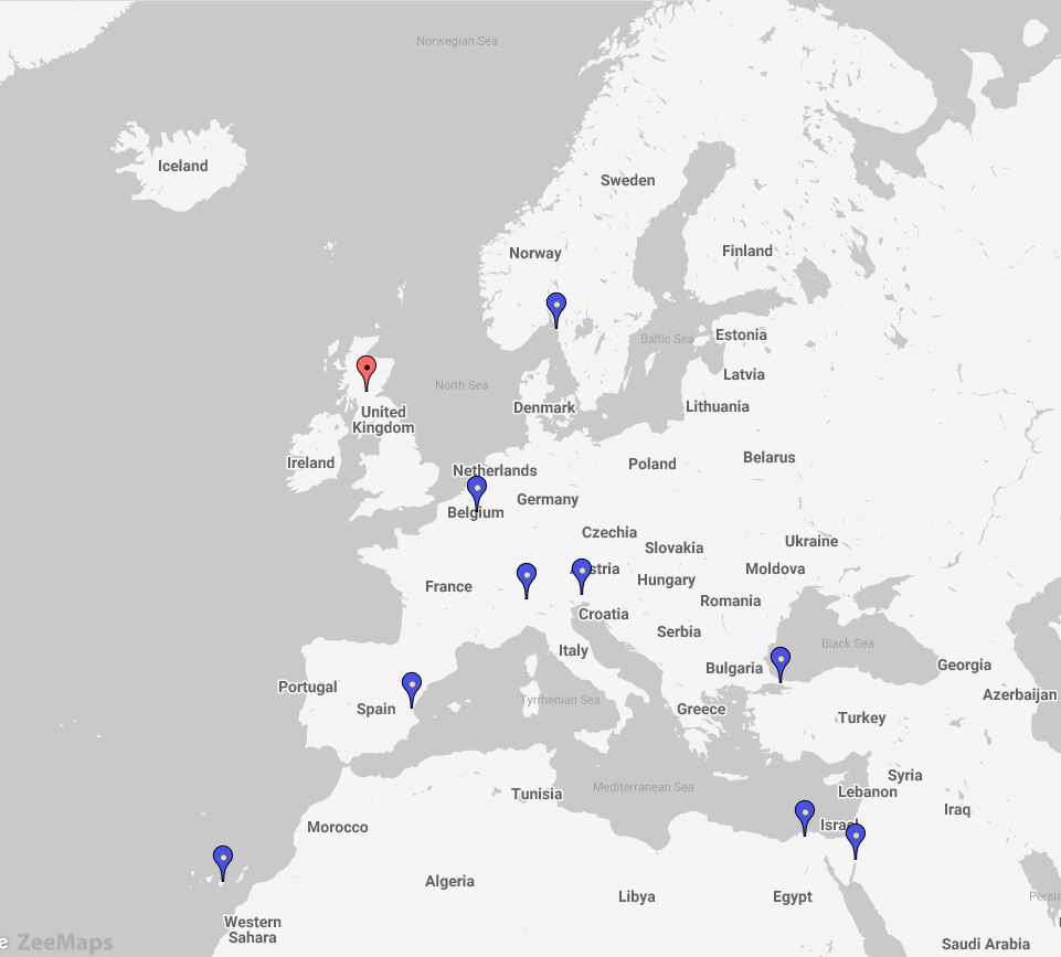 Map showing locations of AQUAEXCEL 2020 visitors to the Institute of Aquaculture