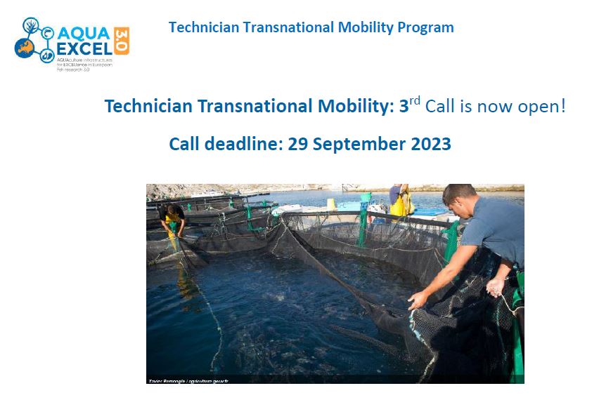 Advert slide for technician transnational mobility featuring a photo of people working on a fish cage